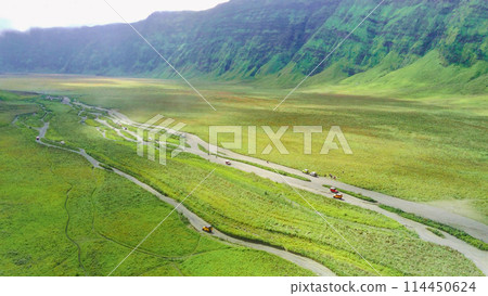 aerial view of jeeps in Bromo, East Java aerial view of jeeps in Bromo, East Java 114450624