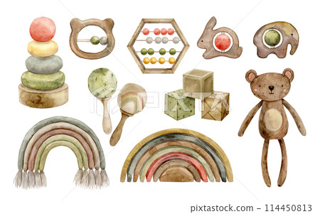A set of children's toys of different sizes, colors and textiles. Wooden eco and ivy toys for little ones. Watercolor illustration for cards, stickers, textiles, design, invitations, website, logo. 114450813