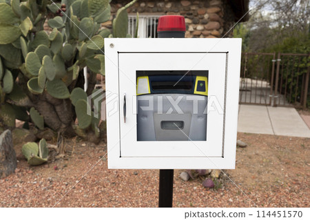 Aed, Life Saving Defibrillator. Portable Automated External Defibrillator Outdoor, In Street. Cactus Is On Background. Prevention Of Heart Attack. Cardiac Healthcare 114451570