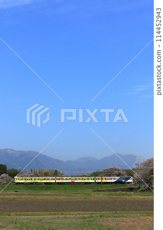 以藤原山為背景的春天的上義鐵道上義線 114452943