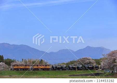 Sangi Railway freight train running with Mount Fujiwara in the background Sangi Railway freight train running with Mount Fujiwara in the background 114453192