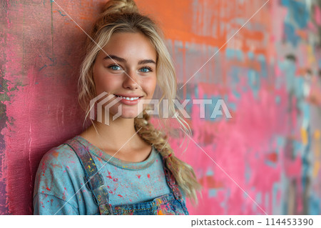 Woman With Braid Standing by Wall Woman With Braid Standing by Wall 114453390
