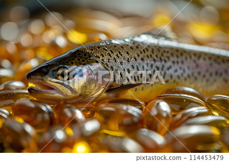 Fresh Rainbow trout and fish oil capsules. Close-up Fresh Rainbow trout and fish oil capsules. Close-up 114453479
