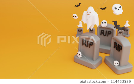 Graveyard on Halloween day, 3D render Halloween concept and copy space on orange background Graveyard on Halloween day, 3D render Halloween concept and copy space on orange background 114453589