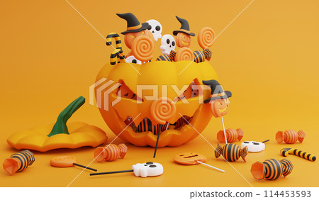 Halloween candy in the pumpkin, 3D render Halloween wallpaper concept on orange background Halloween candy in the pumpkin, 3D render Halloween wallpaper concept on orange background 114453593