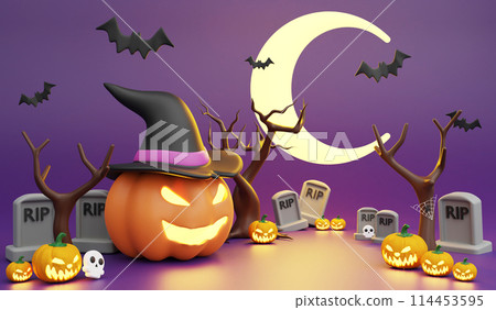 Halloween night and crescent moon wallpaper, 3D render Halloween concept on purple background Halloween night and crescent moon wallpaper, 3D render Halloween concept on purple background 114453595