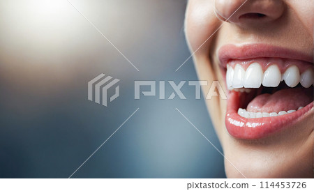 Expert dental care for your health and hygiene. Perfect healthy teeth smile of a young woman. Teeth whitening. Image symbolizes oral care dentistry 114453726