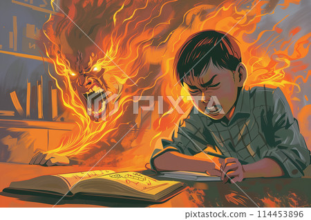 An Asian elementary school student cries while doing homework while his angry mother stands behind him 114453896
