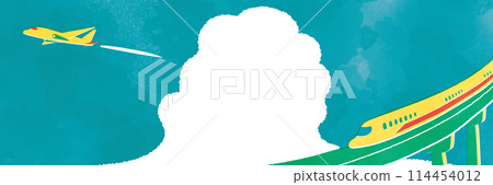 Watercolor illustration of a summer landscape, bullet train and airplane 114454012