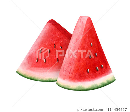 Watermelon triangle slices with seeds in bright red watercolor illustration isolated on white. Delicious ripe fruit food for summer natural dessert. Organic water melon pieces 114454237