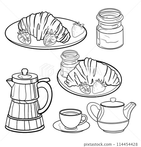 set of illustrations graphics French breakfast with croissants, coffee, tea, jam and strawberries set of illustrations graphics French breakfast with croissants, coffee, tea, jam and strawberries 114454428
