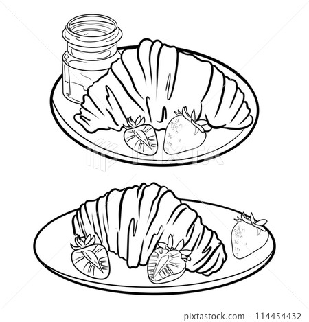set of illustrations graphics French breakfast with croissants, jam and strawberries set of illustrations graphics French breakfast with croissants, jam and strawberries 114454432