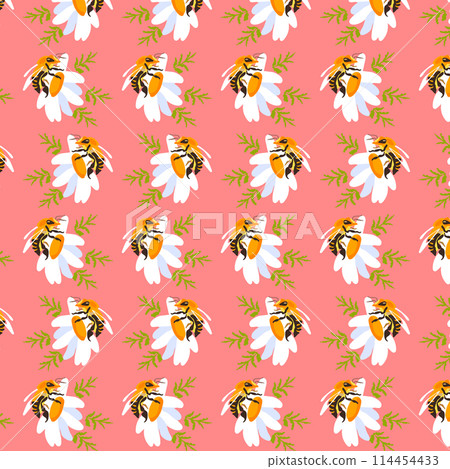Seamless pattern wildflower daisy bees Garden flower graphic card Red poster banner Spring summer fabric clothing Coral backdrop packaging wallpaper Template textile cover 114454433