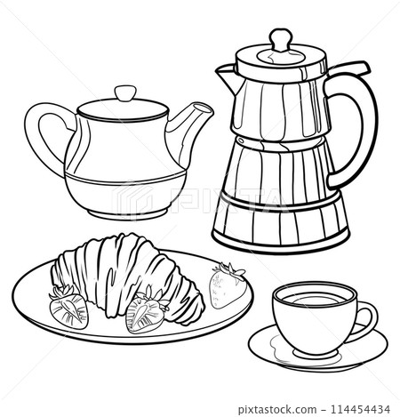 set of illustrations graphics French breakfast with croissants and strawberries, coffee, tea 114454434