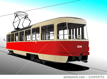 City transport. Old Tram. Colored Vector 3d hand drawn illustration 114454731