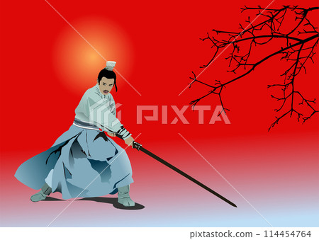 Black silhouette of Samurai with the sword on sky background. Vector Hand drawn illustration Black silhouette of Samurai with the sword on sky background. Vector Hand drawn illustration 114454764