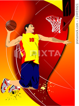 Basketball player poster. Colored Vector 3d illustration for designers. Hand Drawn illuatration Basketball player poster. Colored Vector 3d illustration for designers. Hand Drawn illuatration 114455021