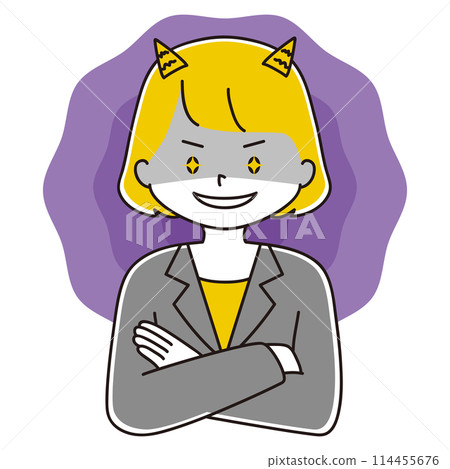 Illustration of a woman in a suit with horns, arms folded and smiling 114455676