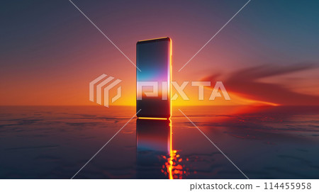 A cellphone on a beach with a colorful sunset reflecting on the 114455958