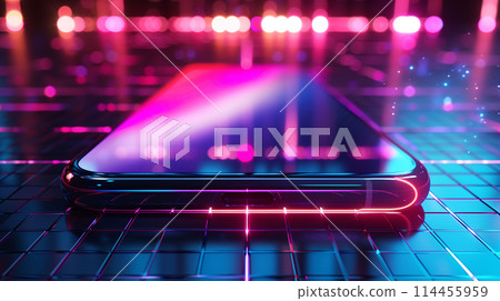 A cell phone on a grid floor emits a bright neon light from its 114455959