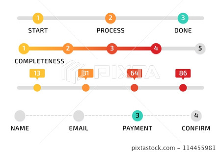 Progress bar. Infographic design. Measurement line. Sequence step icon. Business presentation. Complete diagram. Goal timeline process. Strategy plan. Loading chart. Vector data indicator elements set 114455981