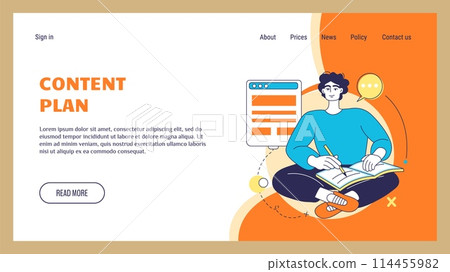 Social media. Blog creation landing page. Man planning digital content. Blogging plan. Creative blogger. Website template. Network developer. Internet technology. Online service. Vector background 114455982