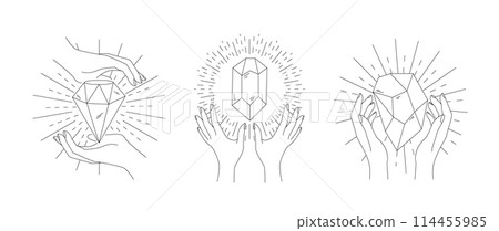 Hand hold diamond jewels. Line isolated elements. contour gemstones. Esoteric symbol. Female with treasure brilliants. Quartz natural minerals. Logotype design. Emblem or label. Vector illustration 114455985
