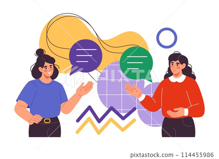 Corporate work. Business women on meeting, abstract background, speech bubbles. Professional team employee. Communication in office. Vector cartoon flat style isolated success cooperation illustration 114455986