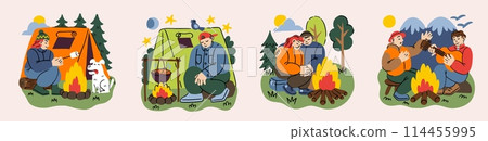 Summer camping. Adventure travel. Tent and bonfire. People relaxing by fire. Tourists cooking on campfires. Wild forest scout campsite. Food in nature. Outdoor vacation. Travelers camps vector set 114455995