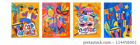 Carnival Brazil. Latin music party, poster summer, pattern background. America Rio, art mask, abstract Brazilian, Latina holiday. Invitation and greeting card design. Vector cartoon illustration set 114456001