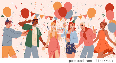 Birthday celebrate. Happy office people, holiday attributes, balloon, gift and confetti. Card design, anniversary cake. Friend festive, event team corporate. Vector adult joy cartoon flat illustration 114456004