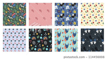 Pattern seamless floral collection. Autumn nature, spring watercolor botany. Cute flower bouquet, abstract baby fabric, wrapping, wallpaper. Girl background. Illustration print. Vector tidy texture 114456008