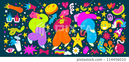 Sticker retro music. 90s party icons. Funky style doodle. Cartoon happy women. Acid face emoji. Groovy rainbow. Modern flower. Bright color. Y2K girls dance. Abstract smile. Vector rave elements set Sticker retro music. 90s party icons. Funky style doodle. Cartoon happy women. Acid face emoji. Groovy rainbow. Modern flower. Bright color. Y2K girls dance. Abstract smile. Vector rave elements set 114456010