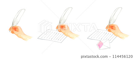 Set of hands writing with a feather pen - Hand-drawn watercolor illustrations of human hands 114456120