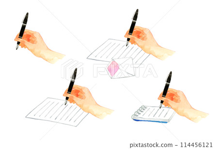 一組手持鋼筆和書寫的手手繪水彩插圖的集合。 一組手持鋼筆和書寫的手手繪水彩插圖的集合。 114456121