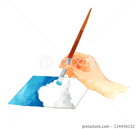 Painting a blue sky with a paintbrush - Hand-drawn watercolor illustration of a person's hand 114456132