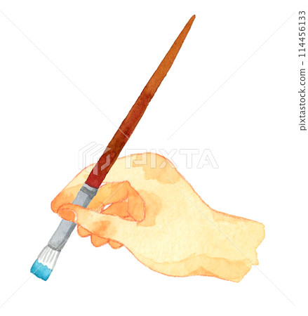 孩子的手拿著畫筆 一個人的手手繪水彩插畫素材 114456133