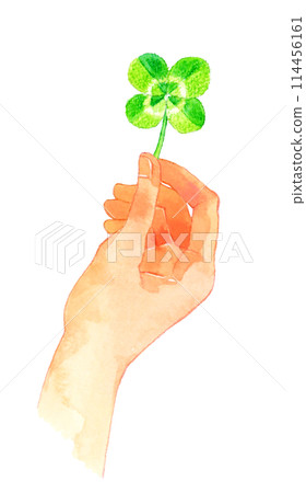 Hand holding a four-leaf clover Hand-drawn watercolor illustration of a human hand 114456161