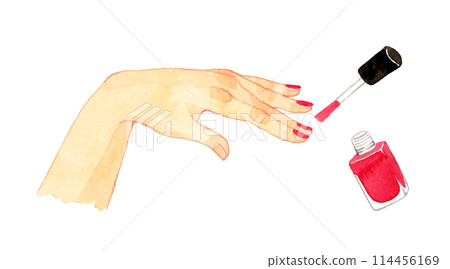 Painting red nail polish on nails Hand-drawn watercolor illustration of a person's hand 114456169