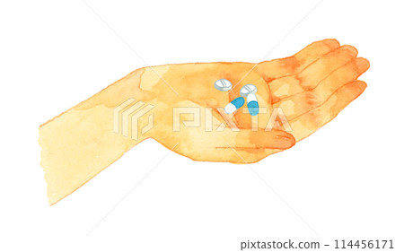 Taking medicine in the palm of one's hand Hand-drawn watercolor illustration of a person's hand 114456171