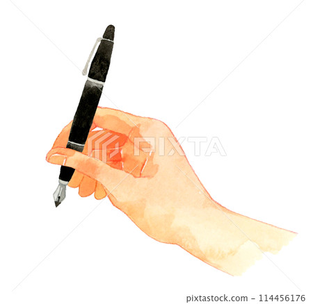 Hand holding a fountain pen Hand-drawn watercolor illustration of a human hand 114456176