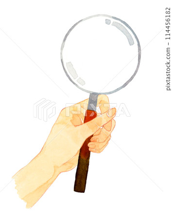 Hand-drawn watercolor illustration of a human hand holding a magnifying glass 114456182