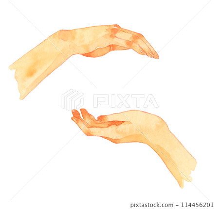 Hand-drawn watercolor illustration of a human hand wrapping, embracing, or surrounding something with the palm of one's hand Hand-drawn watercolor illustration of a human hand wrapping, embracing, or surrounding something with the palm of one's hand 114456201