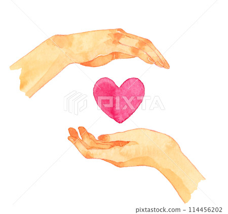 Hand-drawn watercolor illustration of a human hand holding a heart symbol in the palm of its hand Hand-drawn watercolor illustration of a human hand holding a heart symbol in the palm of its hand 114456202