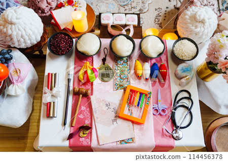 Decorations for the Korean First Birthday Party.  114456378