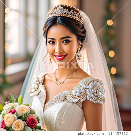 Beautiful dark-skinned dark-haired bride with tiara.  114457212