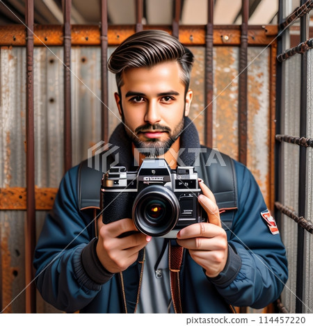 A dark-skinned male photographer with a beard in prison.  114457220