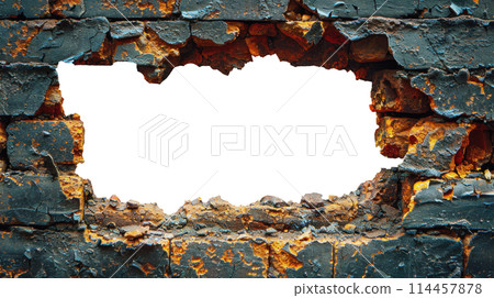 Hole in the wall of bricks against a white background. Shabby Building Facade Hole in the wall of bricks against a white background. Shabby Building Facade 114457878
