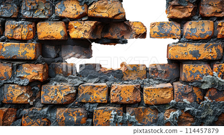 Hole in the wall of bricks against a white background. Shabby Building Facade Hole in the wall of bricks against a white background. Shabby Building Facade 114457879