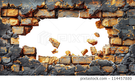 Hole in the wall of bricks against a white background. Shabby Building Facade Hole in the wall of bricks against a white background. Shabby Building Facade 114457880